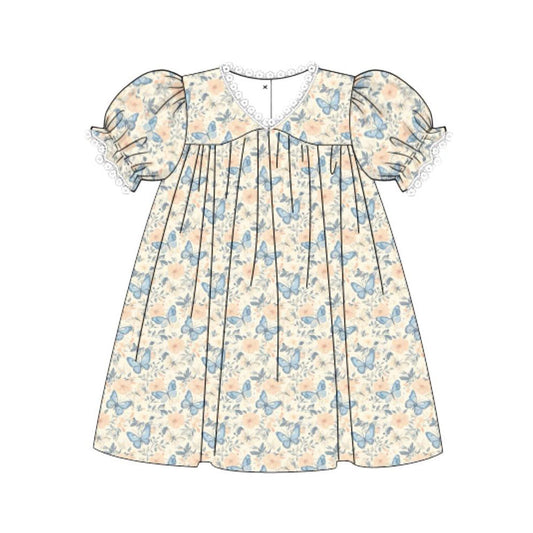 ( Moq 5 ) Preorder Baby Girls Short Sleeves Flower Butterfly Knee Length Dress