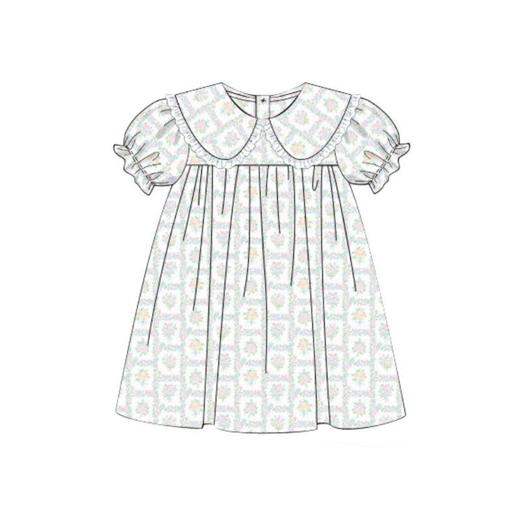 ( Moq 5 ) Preorder Baby Girls Short Sleeves Floral Plaid Ruffle Knee Length Dress