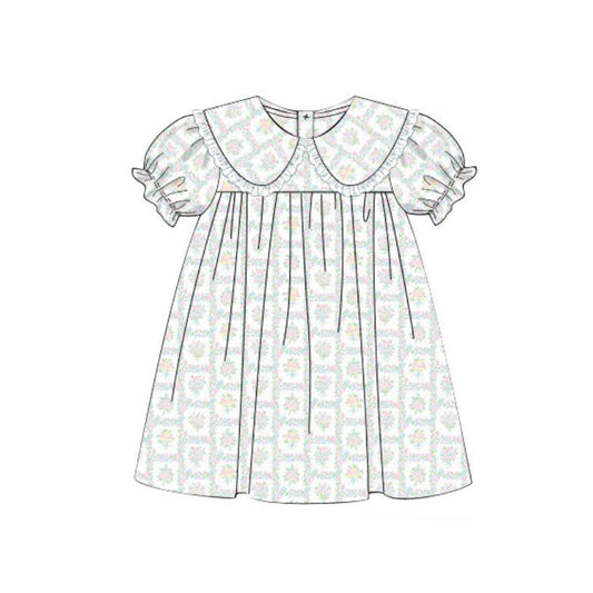 ( Moq 5 ) Preorder Baby Girls Short Sleeves Floral Plaid Ruffle Knee Length Dress
