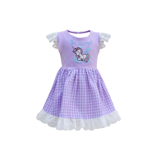 ( Moq 5 ) Preorder Baby Girls Short Sleeves Purple Plaid Ruffle Knee Length Dress