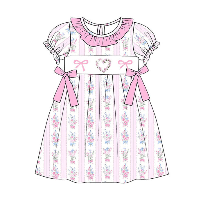 ( Moq 5 ) Preorder Baby Girls Short Sleeves Flower Pink Bows Valentine Knee Length Dress