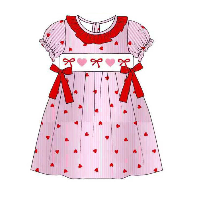 ( Moq 5 ) Preorder Baby Girls Short Sleeves Hearts Red Bows Valentine Knee Length Dress