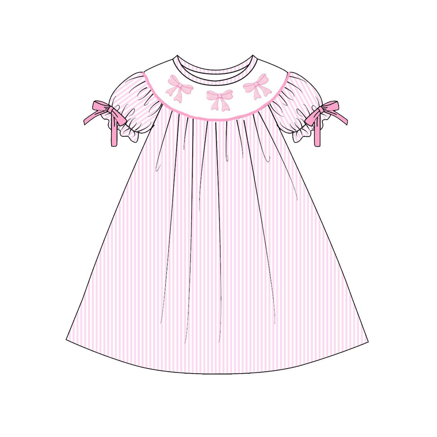 ( Moq 5 ) Preorder Baby Girls Bows Short Sleeves Pink Stripes Knee Length Dress