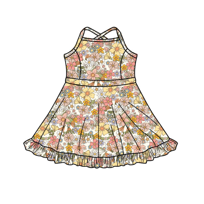 ( Moq 5 ) Preorder Baby Girls Straps Shorts Flower Yoga Active Knee Length Dress
