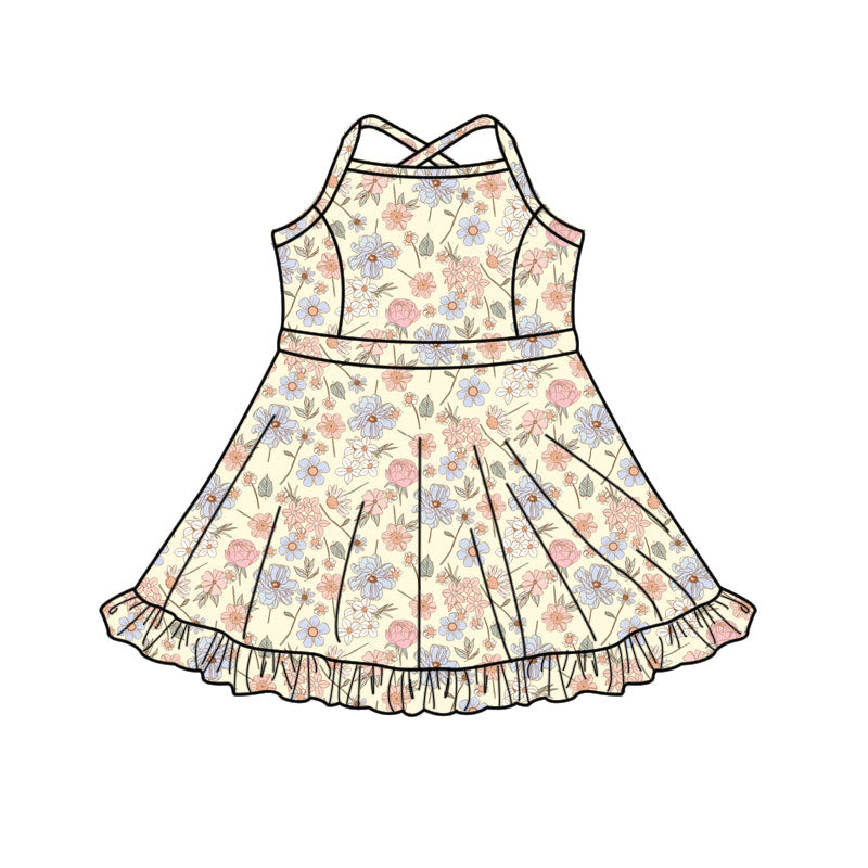 ( Moq 5 ) Preorder Baby Girls Straps Flower Shorts Yoga Active Knee Length Dress