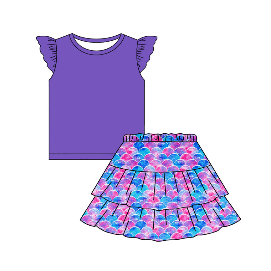 ( Moq 5 ) Preorder Baby Girls Purple Short Sleeves Shirt Mermaid Skirt Clothes Set