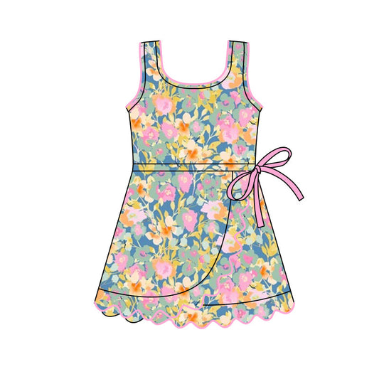 ( Moq 5 ) Preorder Baby Girls Sleeveless Flower Shorts Yoga Active Ruffle Knee Length Dress