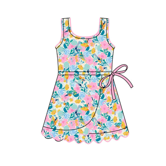 ( Moq 5 ) Preorder Baby Girls Sleeveless Flower Bow Shorts Yoga Active Knee Length Dress