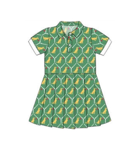 ( Moq 5 ) Preorder Baby Girls Short Sleeves Dogs Flags Buttons Green Yoga Knee Length Dress