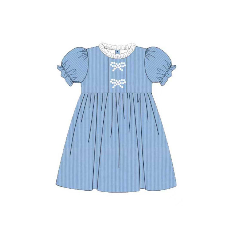 ( Moq 5 ) Preorder Baby Girls Short Sleeves Bows Stripes Blue Knee Length Dress