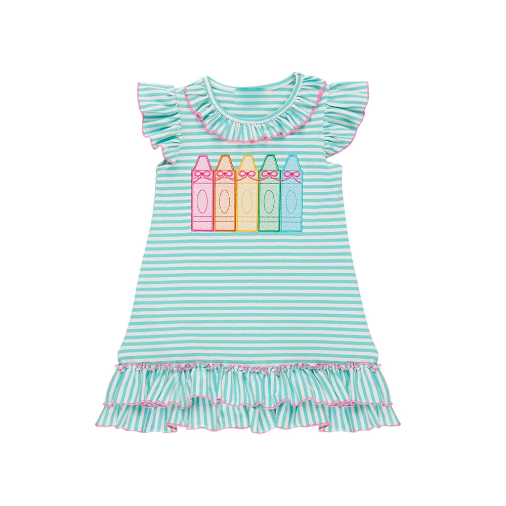 ( Moq 5 ) Preorder Baby Girls Bows Pencils Stripes Ruffle Back to School Dress