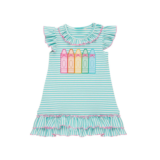 ( Moq 5 ) Preorder Baby Girls Bows Pencils Stripes Ruffle Back to School Dress
