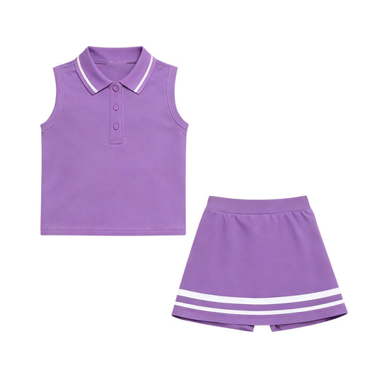 ( Moq 5 ) Preorder Baby Girls Sleeveless Buttons Tops Shorts Skirt Yoga Clothes Purple Set