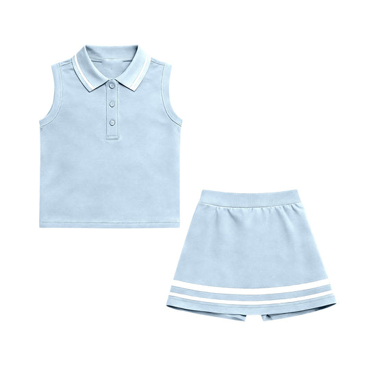( Moq 5 ) Preorder Baby Girls Sleeveless Buttons Tops Shorts Skirt Yoga Clothes Blue Set