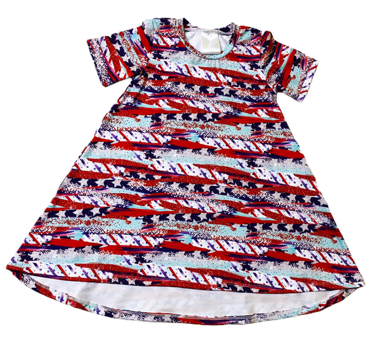 ( Moq 5 ) Preorder Baby Girls Short Sleeves Stars Stripes 4th of July Knee Length Dress