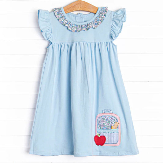 ( Moq 5 ) Preorder Baby Girls Floral Pencil Bag Back to School Blue Ruffle Dress