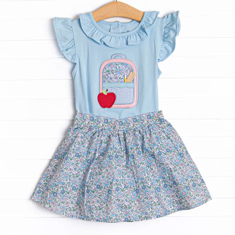 ( Moq 5 ) Preorder Baby Girls Pencil Bag Blue Shirt Floral Skirt Back to School Clothes Set