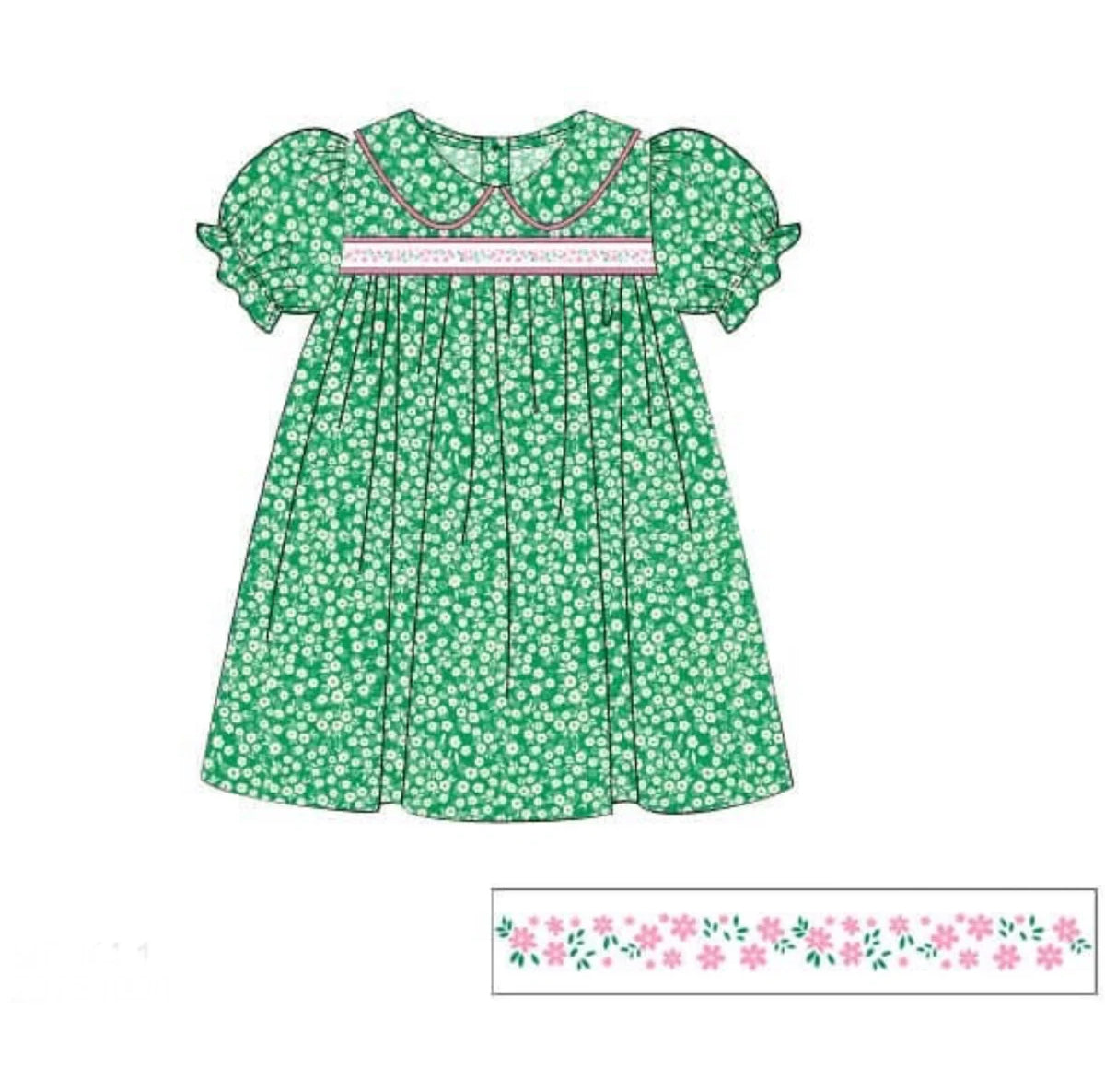 ( Moq 5 ) Preorder Baby Girls Kids Short Sleeves Floral Green Knee Length Dress
