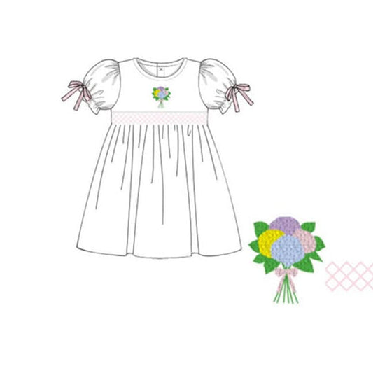 ( Moq 5 ) Preorder Baby Girls Short Sleeves Flower White Knee Length Dress