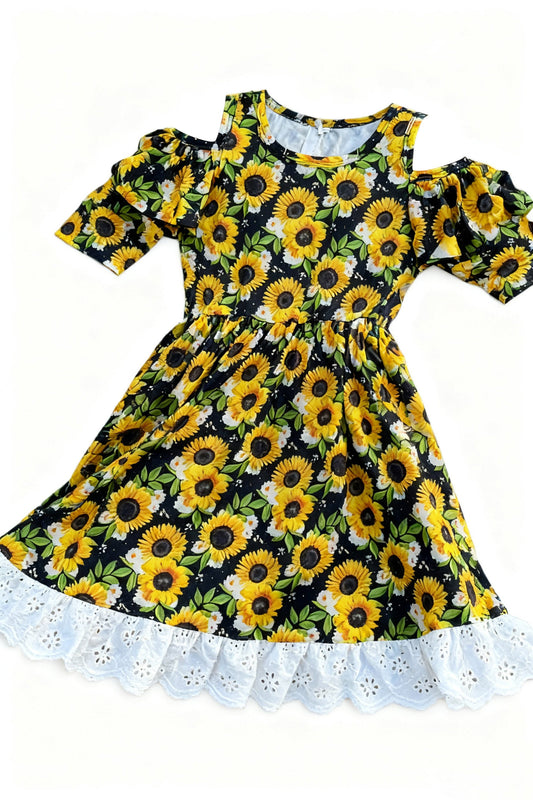 ( Moq 5 ) Preorder Baby Girls Short Sleeves Sunflower Knee Length Dress