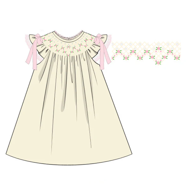 ( Moq 5 ) Preorder Baby Girls Short Sleeves Floral Bows Summer Knee Length Dress