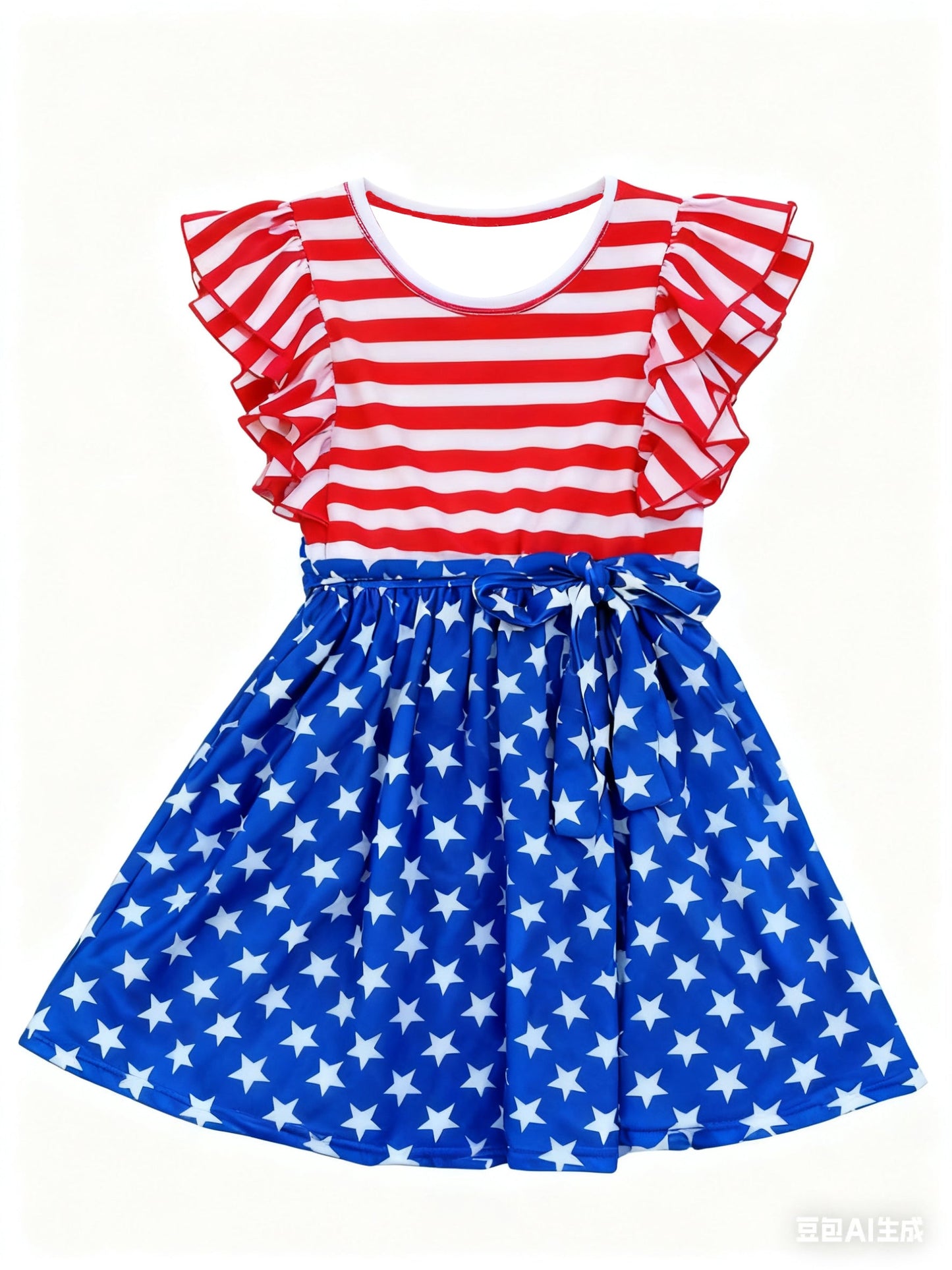 ( Moq 5 ) Preorder Baby Girl Short Sleeves Stripes Stars 4th of July Knee Length Dress