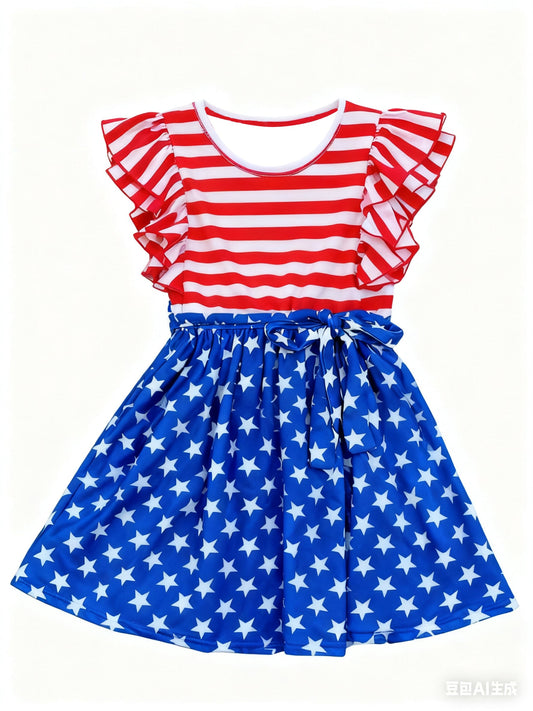 ( Moq 5 ) Preorder Baby Girl Short Sleeves Stripes Stars 4th of July Knee Length Dress