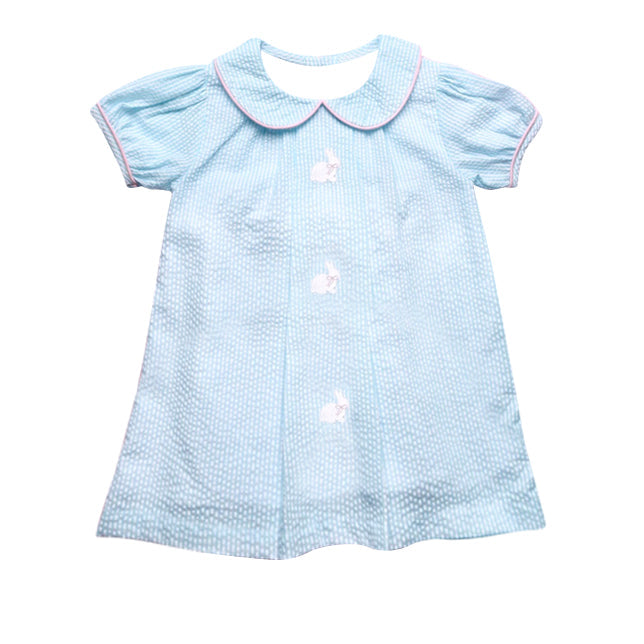 ( Moq 5 ) Preorder Baby Girls Short Sleeves Rabbits Easter Blue Knee Length Dress