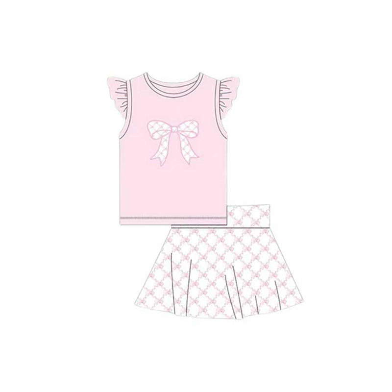 ( Moq 5 ) Preorder Baby Girls Short Sleeves Pink Shirt Bows Skirt Clothes Set