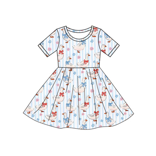 ( Moq 5 ) Preorder Baby Girls Short Sleeves Ducks Flower Bows Blue Stripes Knee Length Dress