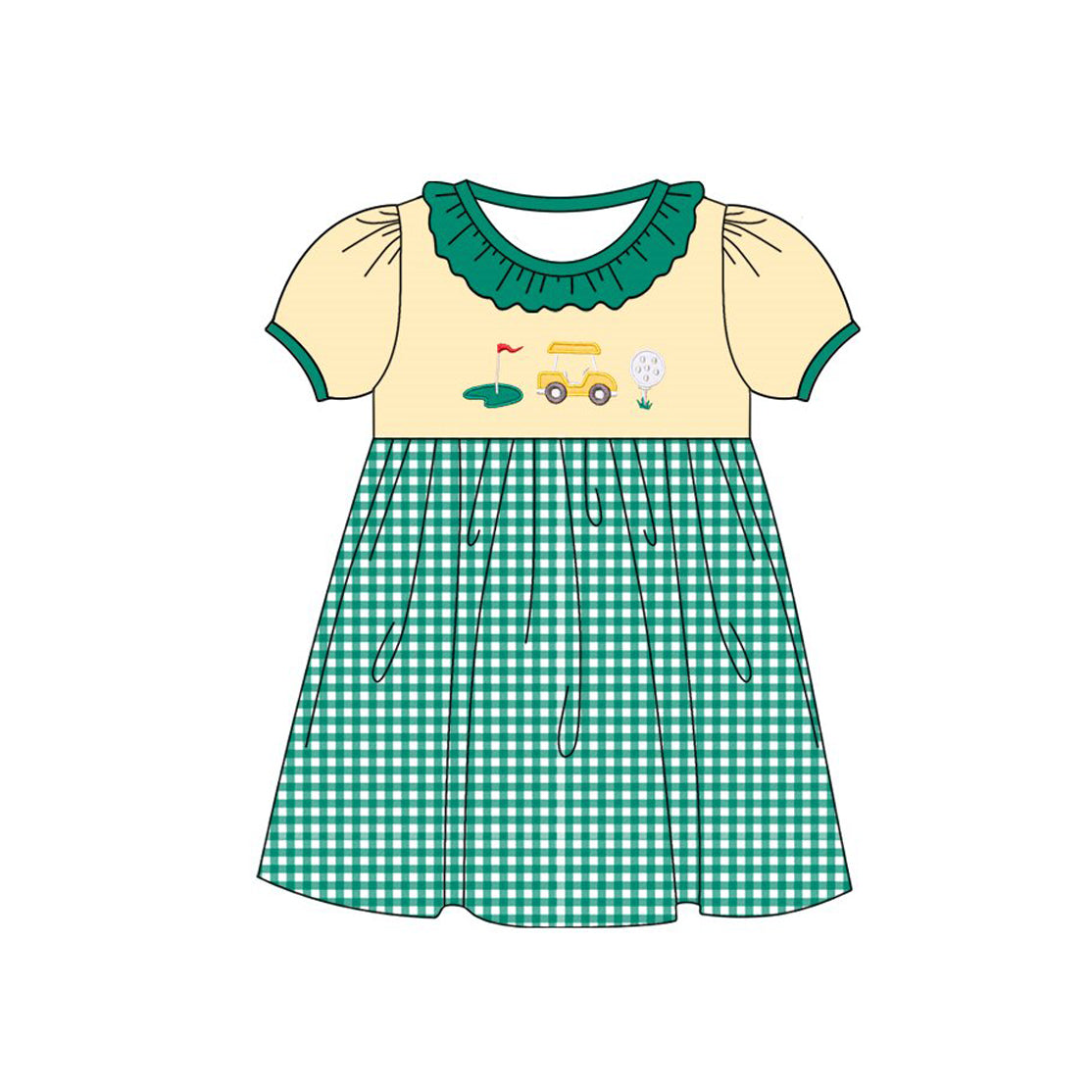 ( Moq 5 ) Preorder Baby Girls Kids Short Sleeves Golf Green Plaid Knee Length Dress