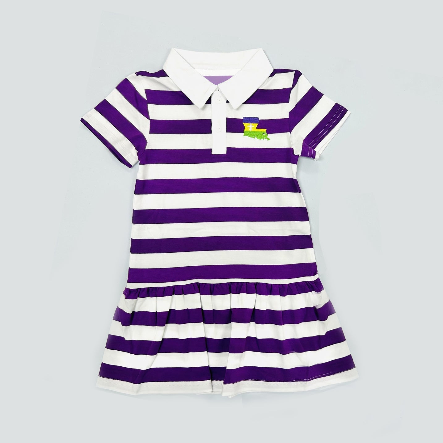 ( Moq 5 ) Preorder Baby Girls Short Sleeves Purple Stripes Mardi Gras Knee Length Dress