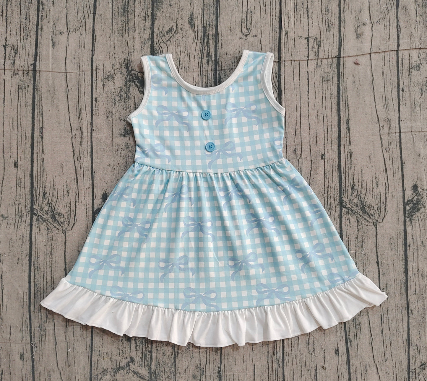 Baby Girls Kids Sleeveless Blue Bows Plaid Knee Length Dress RTS