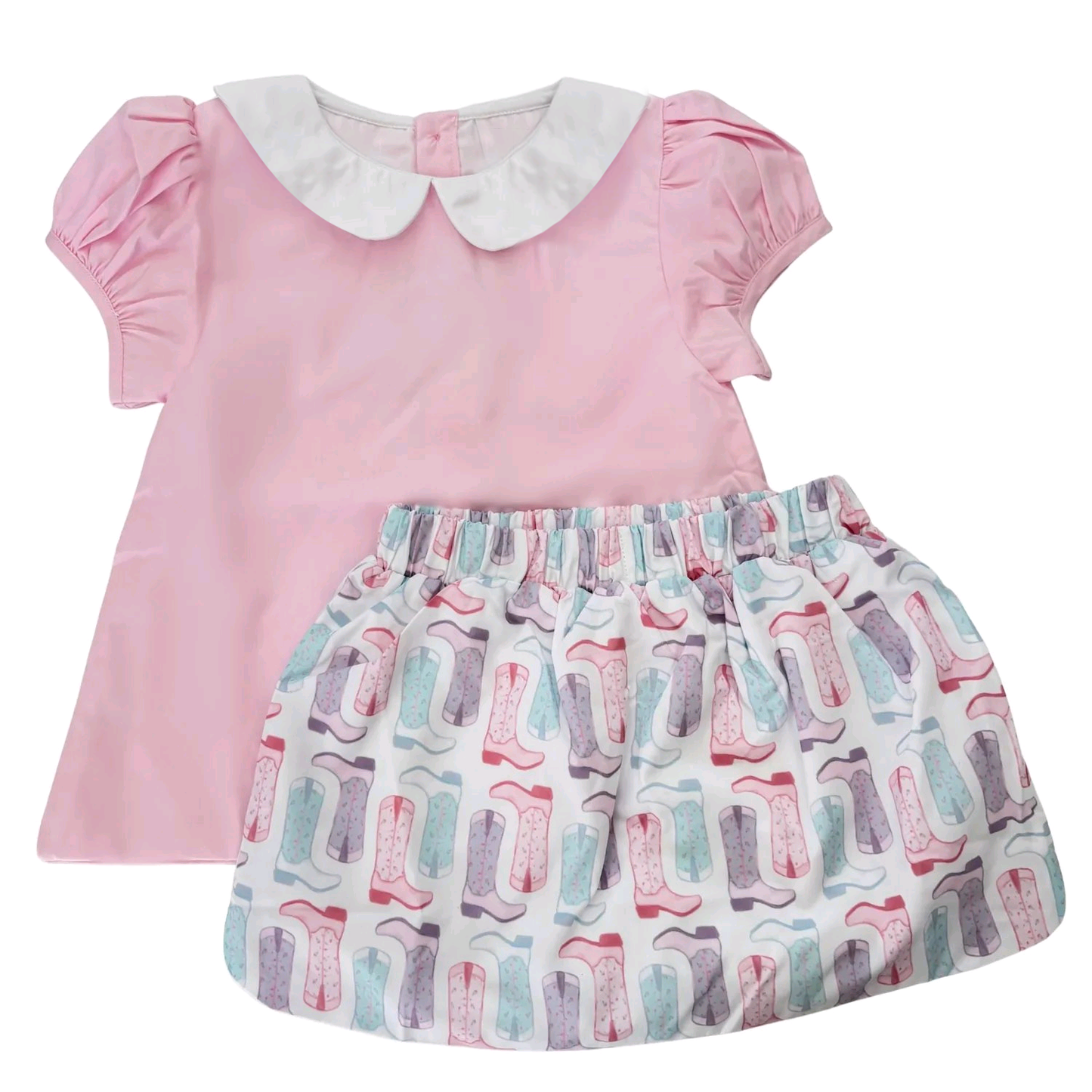 (Pre-order) Baby Girls Kids Pink Short Sleeves Shirt Western Boots Skirt Clothes Set