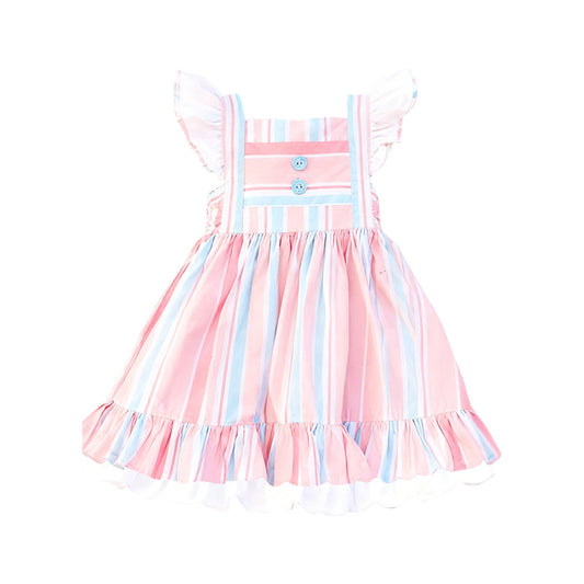 ( Moq 5 ) Preorder Baby Girls Short Sleeves Stripes Buttons Ruffle Knee Length Dress