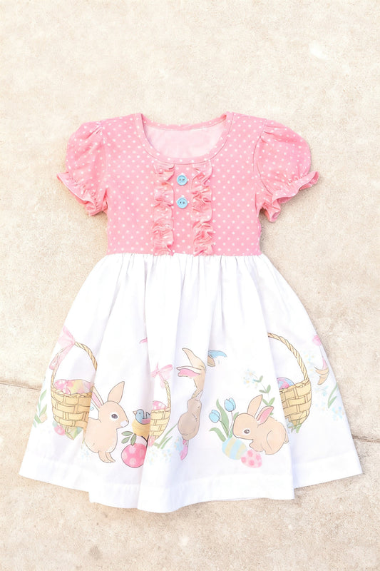 ( Moq 5 ) Preorder Baby Girls Short Sleeves Rabbits Eggs Flowers Easter Knee Length Dress