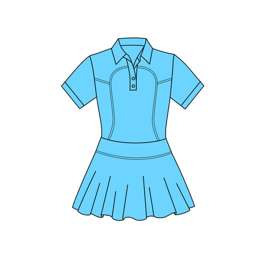 ( Moq 5 ) Preorder Baby Girls Blue Short Sleeves Buttons Yoga Knee Length Dress