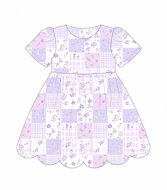 ( Moq 5 ) Preorder Baby Girls Short Sleeves Floral Lavender Knee Length Dress