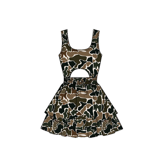 ( Moq 5 ) Preorder Baby Girls Sleeveless Brown Camo Bow Yoga Shorts Southern Dress