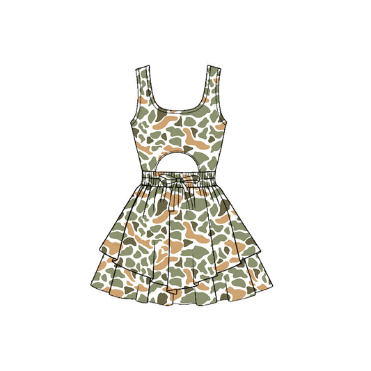 ( Moq 5 ) Preorder Baby Girls Sleeveless Orange Green Camo Ruffle Yoga Shorts Dress
