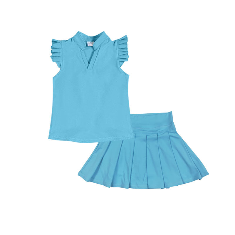 ( Moq 5 ) Preorder Baby Girls Short Sleeves Shirt Shorts Skirt Yoga Blue Clothes Set