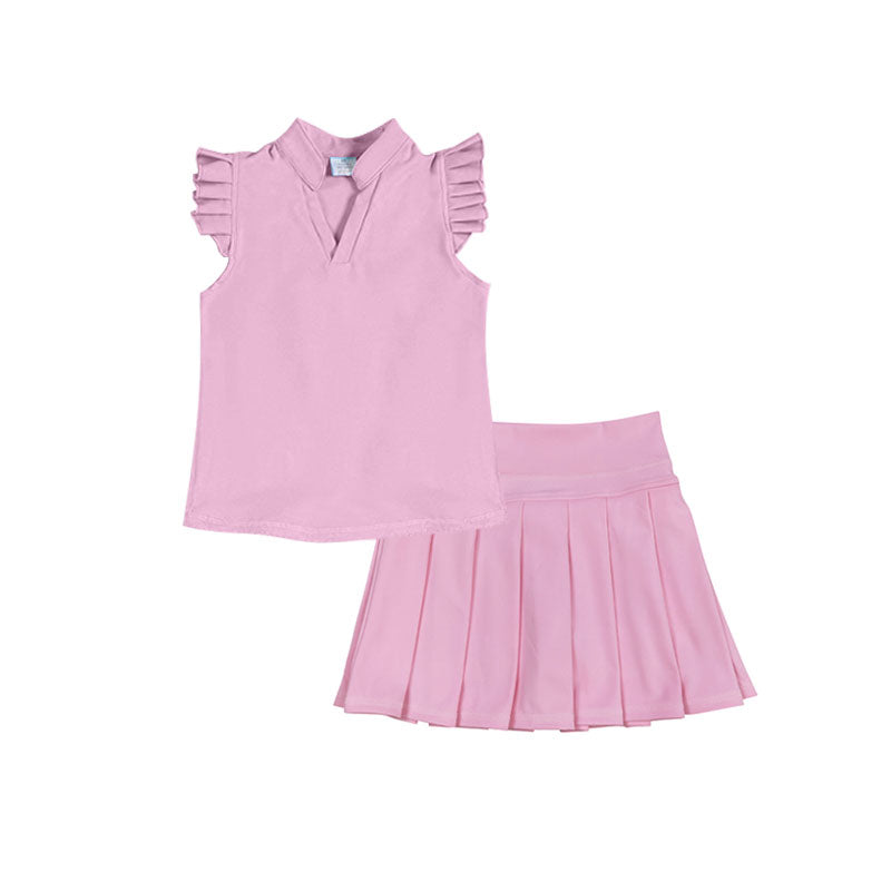 ( Moq 5 ) Preorder Baby Girls Short Sleeves Shirt Shorts Skirt Yoga Pink Clothes Set
