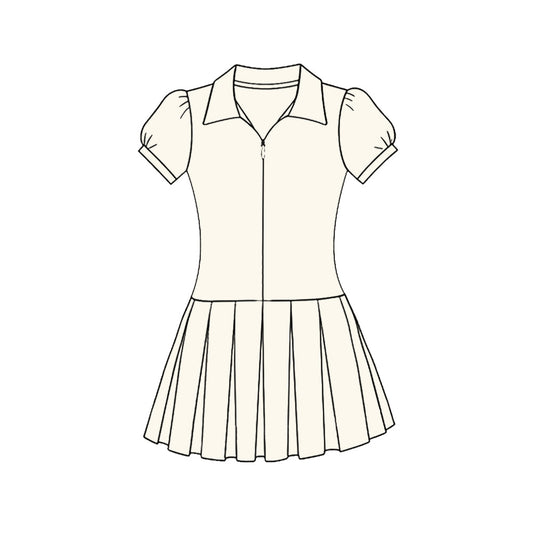( Moq 5 ) Preorder Baby Girls Kids White Short Sleeves Zipper Yoga Knee Length Dress