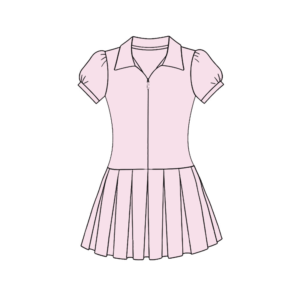 ( Moq 5 ) Preorder Baby Girls Kids Pink Short Sleeves Zipper Yoga Knee Length Dress