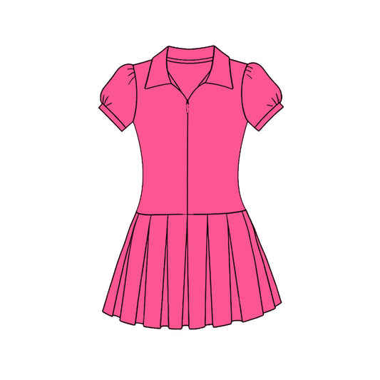 ( Moq 5 ) Preorder Baby Girls Kids Hot Pink Short Sleeves Zipper Yoga Knee Length Dress