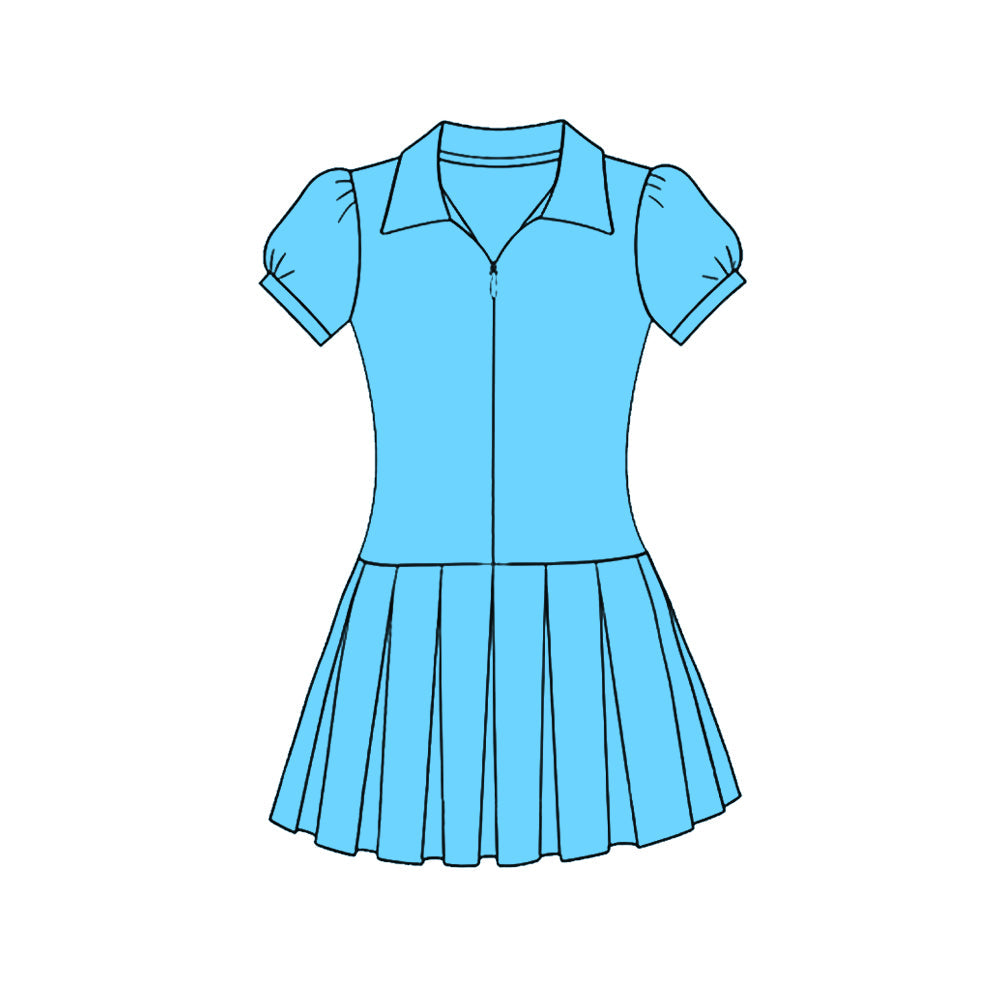 ( Moq 5 ) Preorder Baby Girls Kids Blue Short Sleeves Zipper Yoga Knee Length Dress