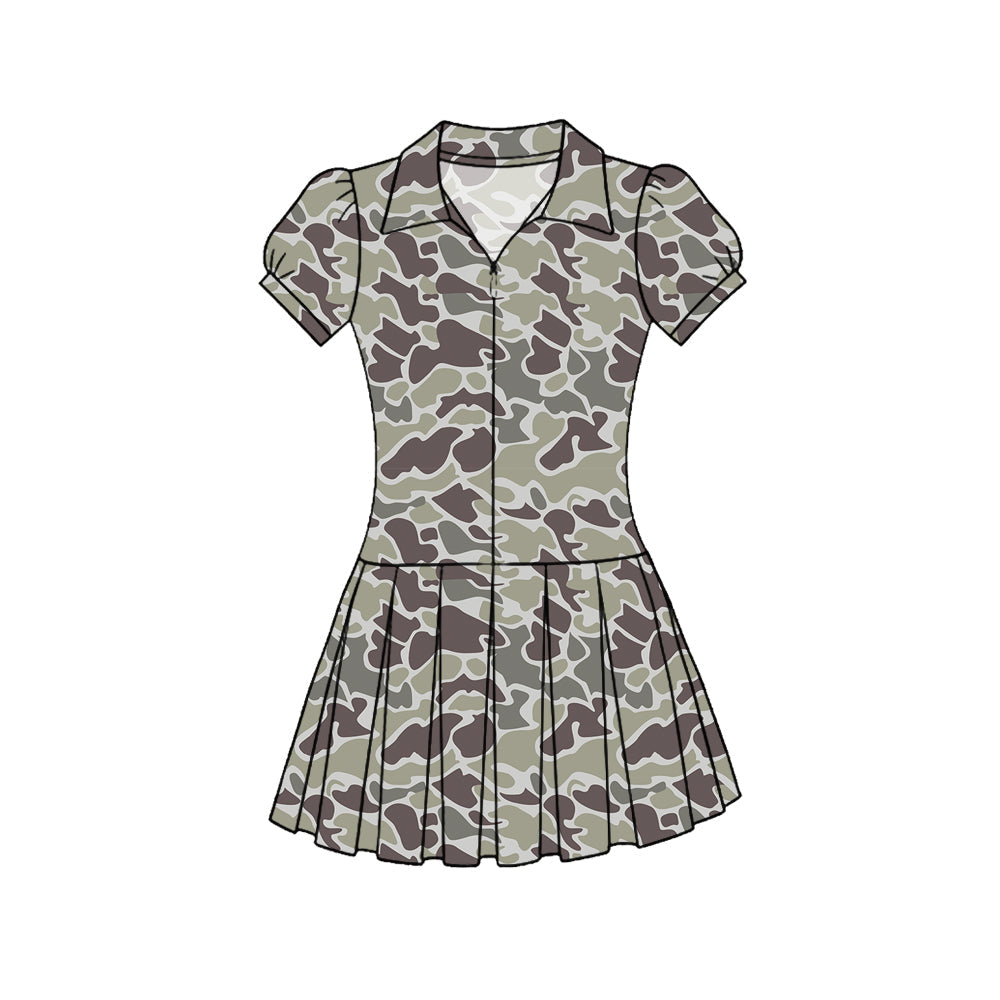 ( Moq 5 ) Preorder Baby Girls Short Sleeves Dark Grey Camo Zipper Yoga Knee Length Dress