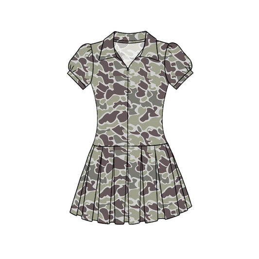 ( Moq 5 ) Preorder Baby Girls Short Sleeves Dark Grey Camo Zipper Yoga Knee Length Dress