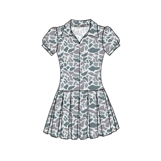 ( Moq 5 ) Preorder Baby Girls Short Sleeves Grey Camo Zipper Yoga Knee Length Dress