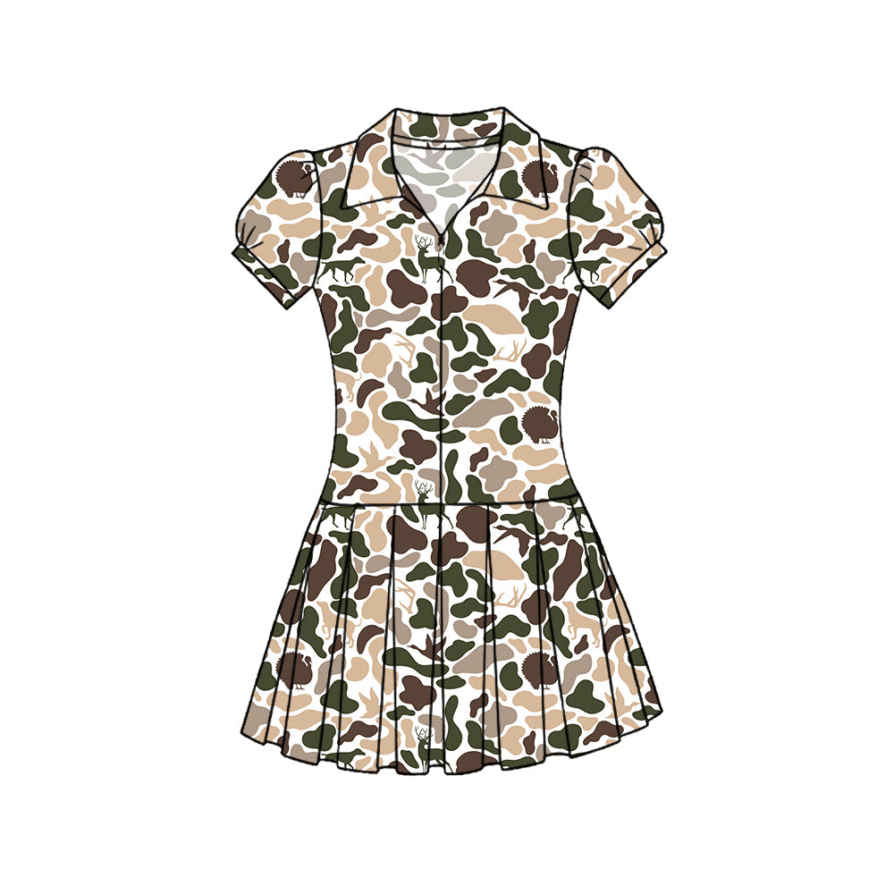 ( Moq 5 ) Preorder Baby Girls Short Sleeves Dogs Ducks Deer Camo Zipper Yoga Knee Length Dress